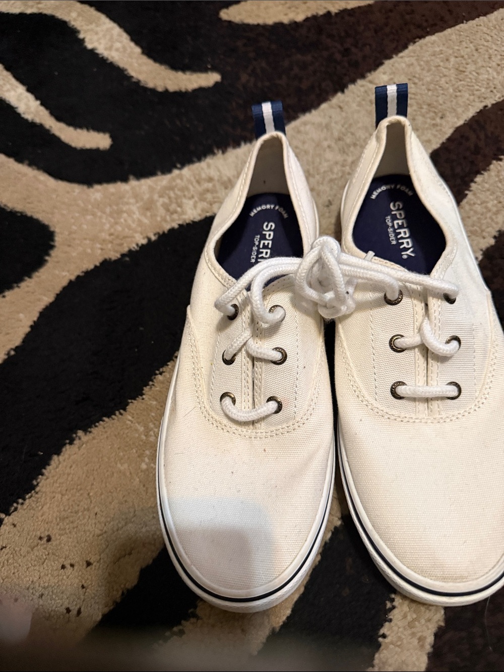 Sperry White Canvas Slip-On Boat Shoes with Navy Heel Tab